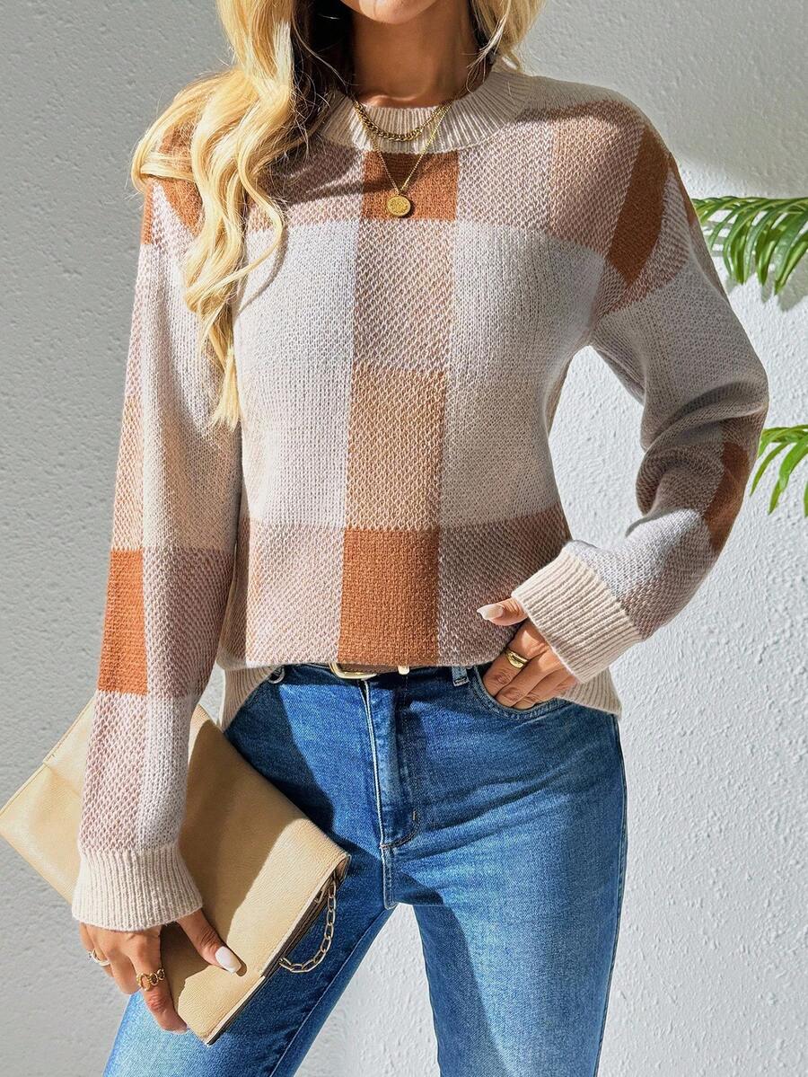 EMERY ROSE Suéter holgado de cuadros de colores bloque, otoño/invierno - Caqui - Ver 1