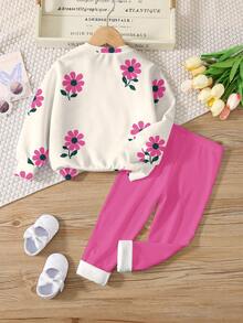 SHEIN Bộ 2 món/Bộ áo nỉ dài tay cổ tròn in họa tiết hoa cổ điển thường ngày cho bé gái, phù hợp cho mùa thu/đông - Nhiều màu - Xem 4