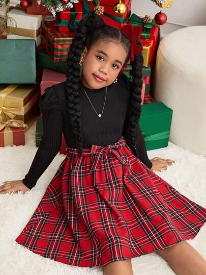 SLAYR KIDS Tween Mädchen Ribbed Knit Karomuster Patchwork Rundhals Gürtel Eng anliegendes Langarm Kleid, geeignet für Weihnachten, Silvester Party, Schulanfang, Preppy Stil, Valentinstag