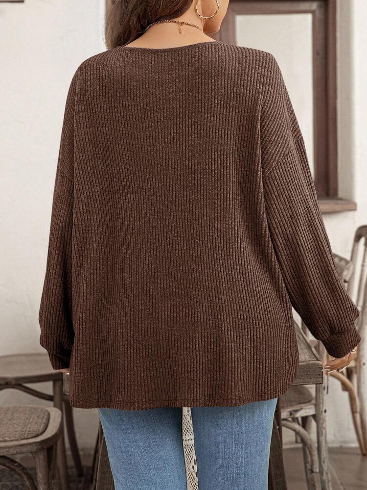 Plus Size Women's Solid Color Round Neck Drop Shoulder Casual Ribbed Long Sleeve T-Shirt/Fall/Winter Brown Tops For Women Brown Sweater Coffee Brown Top Brown Long Sleeve Top Dark Brown Top