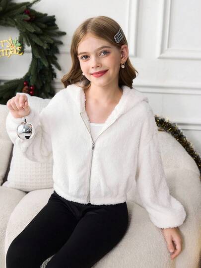 SHEIN 青少年女孩拉链抽绳细节泰迪夹克，深秋少女休闲抽绳连帽衫，宽松版型女童拉链前连帽夹克，纯米色，适合儿童休闲装、返校、典礼、日常穿着、学校、旅行、运动、秋冬、圣诞节