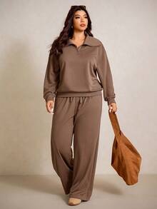 Elaquor Plus Size Women Solid Color Drop Shoulder Long Sleeve Zip-Up Half Placket Hoodie And Pants Casual 2 Pieces Set Spring - Coffee Brown - View 5