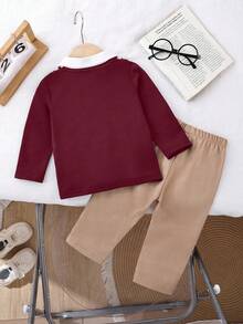 SHEIN Playful Pals 1pc Baby Boy Set, Children Knitted Comfortable Long Sleeve Polo 2 In 1 Sweatshirt, Fashionable And Stylish Toddler Chest Print Unique Design Top Paired With Khaki Casual Elastic Waist Pants, Loose Fit, Suitable For Autumn Occasions Like Vacation, Daily Wear, Etc. - Burgundy - View 2