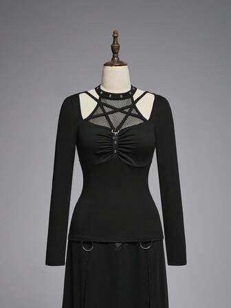 Goth Camiseta de mujer con parches de malla, decoración de cordones y pentágrama en estilo gótico punk