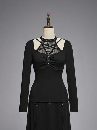 Goth Gothic Punk Pentagram Lace-Up Decor Mesh Patchwork Women T-Shirt