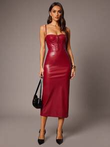 Silquee Váy dây mảnh thời trang tối giản, đơn sắc dành cho nữ - Đỏ - Xem 3