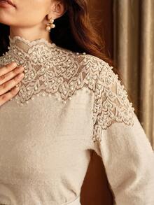 Anewsta 大码女式蕾丝拼布串珠长袖T恤，秋冬 - 杏色 - 查看 1