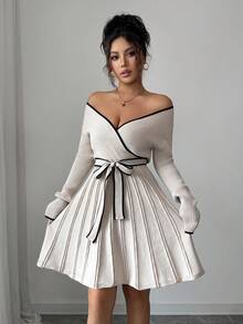 SHEIN Elenzya Women's Elegant Fitted V-Neck Contrast Trim Ribbed Texture Peplum Hem Sweater Dress, Autumn/Winter - Apricot - View 4