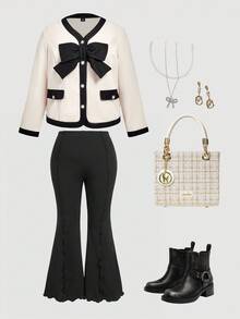 SHEIN MOD Chaqueta de mujer talla grande con contraste de blanco y negro, decoración de lazo, chaqueta de lazo talla grande, cárdigan de lazo para mujer, elegante abrigo de otoño e invierno, color albaricoque otoñal