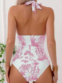 Swim Lushoire Summer Beach Tropical Print Halter One Piece Swimsuit - White - View 2