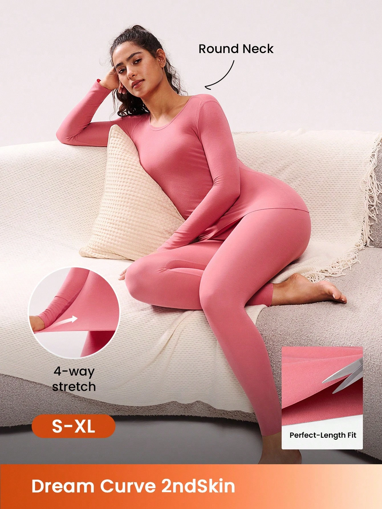 Ropa interior térmica para mujer Conjunto de capa base ultra suave para clima frío Pijama de invierno cálido Parte superior de cuello redondo y pantalones largos - Conjunto ligero y cálido de color rojo parduzco