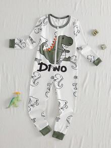 Young Boy Minimalist Red Truck Print Long Sleeve Jumpsuit Pajamas Snug Fit Dinosaur Pajamas Boys Dinosaur Outfit Kids Pajamas Dinosaur Sleepwear - Multicolor - View 3
