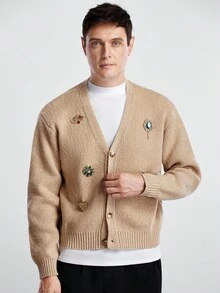 Manfinity Homme Áo khoác cardigan nam thời trang thu đông mới có mặt dây chuyền kim loại cao cấp - Màu Khaki - Xem 6