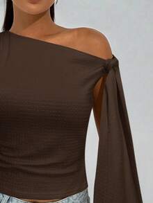 Firerie 女士春季优雅浪漫时尚通勤性感优雅风格，适合派对、度假、浪漫约会和婚礼生日，针织纹理不对称肩部系带前部紧身杏色 T 恤 - 咖啡棕 - 查看 9