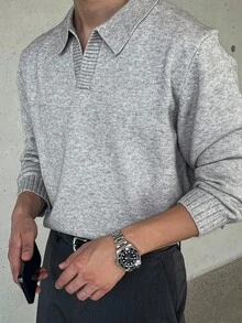 DAZY Men's Solid Color Polo Neck Sweater, Light Gray, Autumn Buisness Attire