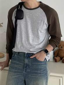 DAZY 男士休闲拼布撞色插肩袖T恤，秋季 - 棕色 - 查看 5