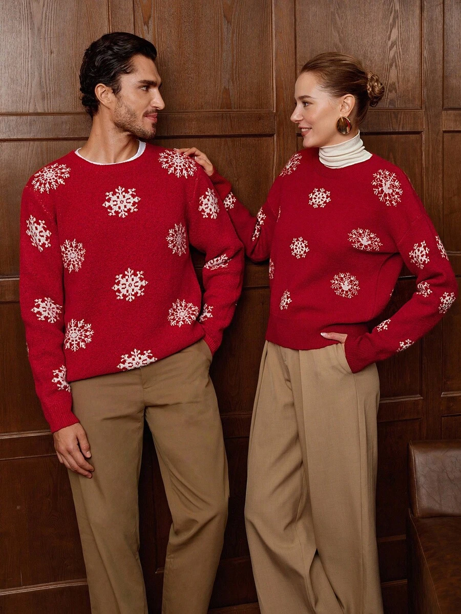 Manfinity Homme 男士圣诞家庭卡通图案圆领长袖雪花提花针织套头毛衣，秋冬款 - 彩色 - 查看 1