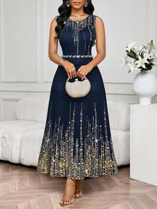 SHEIN Lady 2025 New Women's Elegant Sleeveless Full Print Round Neck Navy Blue Dress - Navy Blue - View 1