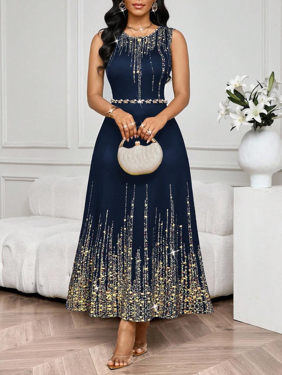 SHEIN Lady 2025 New Women's Elegant Sleeveless Full Print Round Neck Navy Blue Dress - Navy Blue - View 1