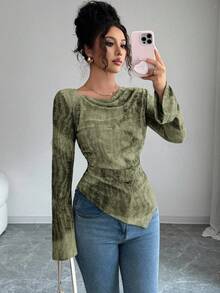 Elenzga Femmes Chemise Vintage Style Gothique à Manches Évasées, Col Drapé, Taille Resserrée par Cordon, Ourlet Asymétrique, Convient pour les Sorties, le Port Quotidien, Halloween, Automne - Multicolore - Voir 3