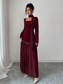 Elenzga Elegant Romantic Pearl Decor Puff Sleeve Square Neck Waist Fitted A-Line Dress For Women - Burgundy - View 4
