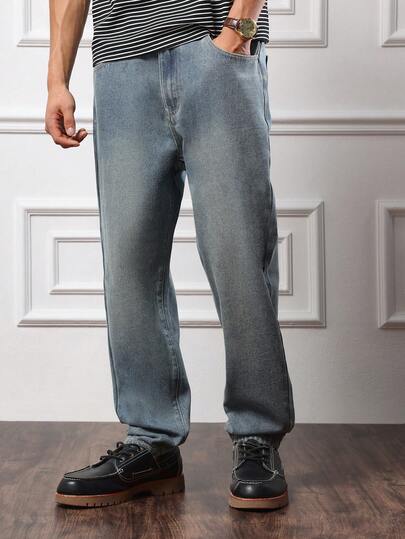 SUMWON Pantalones vaqueros de pierna recta con ajuste clásico, lavado vintage, estilo retro casual para todo el año, bajo sin acabar, pernera ancha, uso diario liso