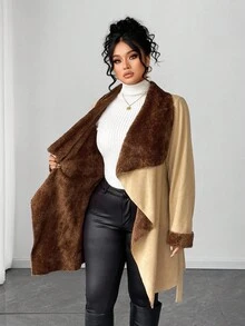 SHEIN Elenzya Fashionable Casual French Retro Elegant Commuter Contrast Color Lace-Up Jacket - Khaki - View 8