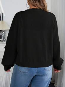 SHEIN CURVE+ Curves 大码/学校服装/返校服装/返校休闲纯色圆领长袖宽松短款大码开衫大码耸肩 8xl 大码夏季黄色开衫 6xl 大码开衫，女士秋季服装女士秋季服装，冬季，CURVE PLUS - 黑色 - 查看 7