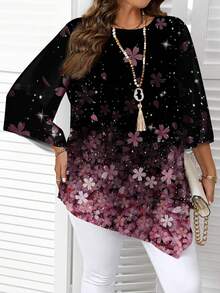 EMERY ROSE Plus Size Casual Minimalist Allover Pink Partial Floral Placement Print Blouse, Suitable For Mother's Day, Spring/Autumn