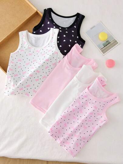 5pcs/Pack Girls' Butterfly & Heart Print Soft Basic Camisole, Sweet Minimalist Nature Style, Multi-Color Girls Tanks Multipack Girls Patterned Tank Tops Cute Tank Tops For Girls Young Girls Sleeveless Tops Cotton Tops Girls