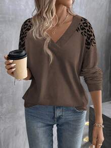 EMERY ROSE Women's V-Neck Layered Leopard Print Long Sleeve T-Shirt, Hot Selling, Autumn/Winter - Brown - View 1