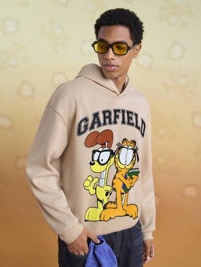 GARFIELD | SHEIN 男士休闲猫狗印花连帽衫，秋季