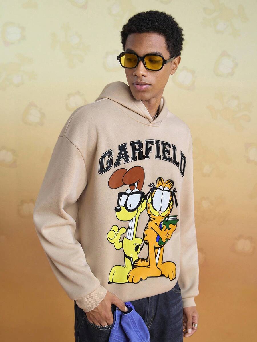 GARFIELD | SHEIN 男士休闲猫狗印花连帽衫,秋季 - 杏色 - 查看 1