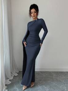 Elenzga 夏季新款天蓝色优雅派对生日宴会礼服，百搭裹腰褶皱长款女式连衣裙 - 藏蓝色 - 查看 7