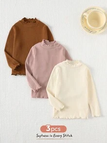 Cozy Pixies 3件套女婴纯色罗纹针织柔软圆领长袖荷叶边下摆连体衣套装 - 粉色 - 查看 8