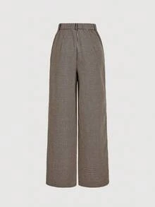 SHEIN MOD Women's Brown Houndstooth Print Tie-Waist Suit Set,Fall /Winter,Halloween,Christmas, Going Out,Cute,Gothic,Chic,Casual,Plaid Set - Multicolor - View 6