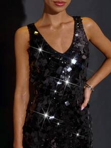 SHEIN BAE Vestido mini de mujer con cuello cuadrado, negro con lentejuelas brillantes, adecuado para cócteles, fiestas, ocasiones formales, eventos festivos, Halloween, Navidad