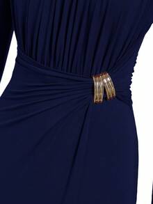 Ellevyn Váy dài dệt kim xếp ly trang trí kim loại không tay thanh lịch cho nữ - Màu xanh hải quân - Xem 5