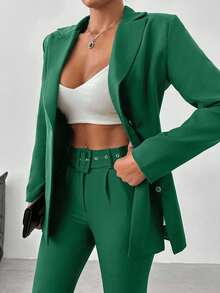SHEIN Cottnline 女士简约纯色翻领西装外套和系带西装裤套装，适合工作和通勤 - 青檸色 - 查看 3