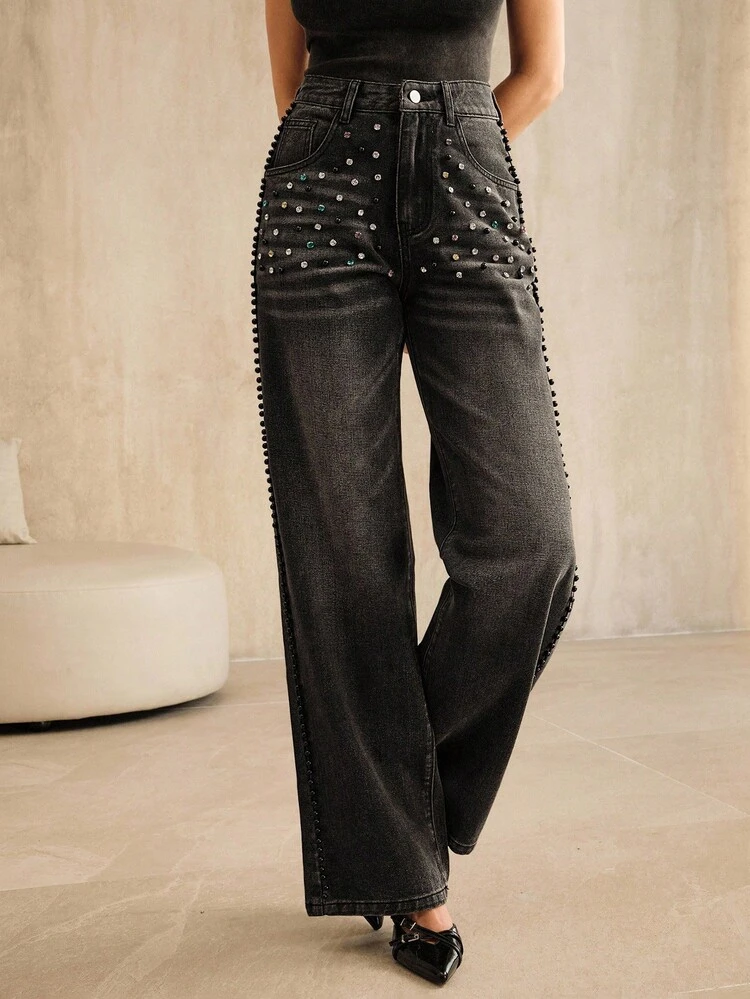 Street Style Distressed Diamond Embellished Black Straight Leg Jeans, Suitable For Fall/Winter, Christmas, New Year, Elegant, Luxury, Chic, Casual