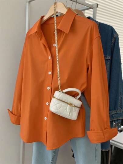 Resyla Camisa de manga larga con botones de unicolor holgada y casual para mujer