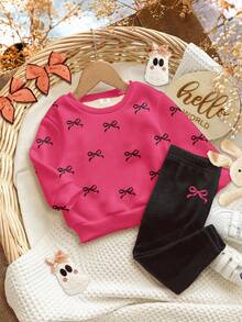 Happikins 2pcs/Set Young Girl Casual Cute Bow Decor Thick Soft Loose Crew Neck Long Sleeve Sweatshirt And Skinny Leggings, Suitable For Autumn & Winter - Multicolor - View 3