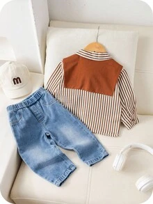 SHEIN 3pcs Baby Boy Casual Striped Shirt, Brown Shawl, Blue Denim Pants Set, Suitable For Birthday Party, Rave, Evening Party, Performance, Wedding, Baby's 1st Month, Baptism And 1st Birthday Celebration, My First Christmas Kindergarten Fall Winter - Multicolor - View 7