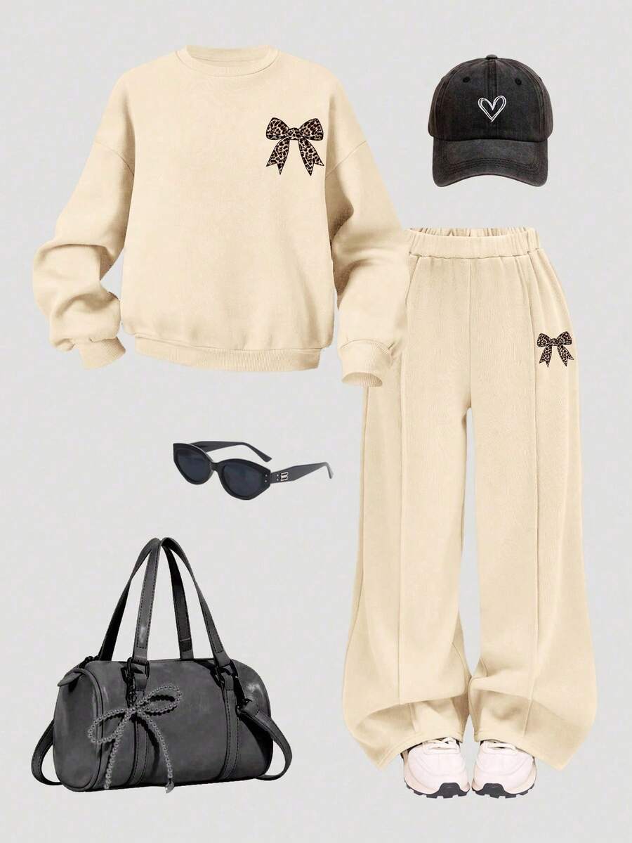 一套女童休闲豹纹蝴蝶结印花圆领卫衣和运动裤套装，秋冬季 - 卡其色 - 查看 1