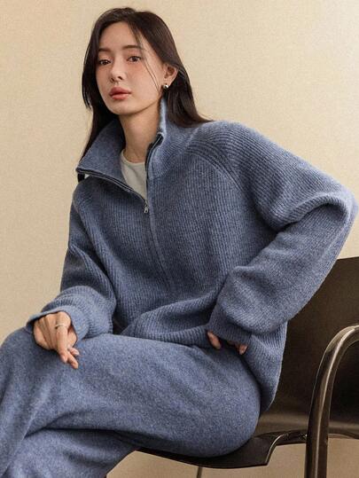 Dazy-Less Conjunto de 2 piezas de suéter de manga larga con cremallera y pantalones de unicolor minimalista y casual para mujer