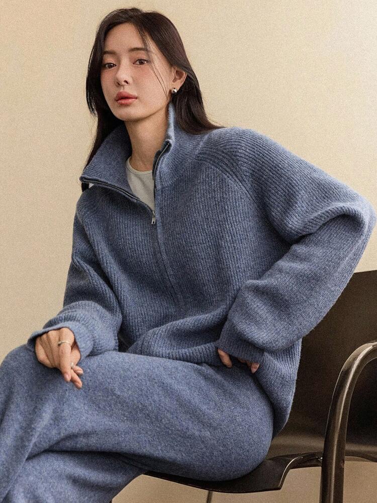 Women's Solid Color Minimalist Casual Zip-Up Long Sleeve Sweater And Pants 2-Piece Set