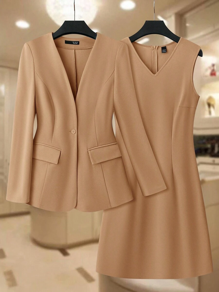 SHEIN Clasi Women's Autumn/Winter Fashion Commuter Jacket & Dress Blue Suit Set