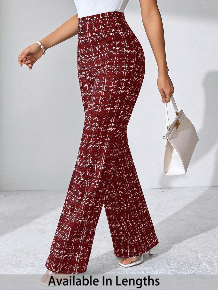 SHEIN Tall CURVE Quần dệt kim co giãn họa tiết kẻ caro thanh lịch dành cho nữ cỡ lớn mùa hè, phù hợp cho nhiều dịp khác nhau, thích hợp cho kỳ nghỉ hè, du lịch thanh lịch và đi làm hàng ngày - Màu Đỏ Sâu - Xem 1
