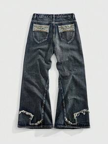 ROMWE MEN Street Life Herren Lässig Mode Straße Vintage Rohe Kante Weite Loose-Fit Jeans - Blau - Übersicht 8
