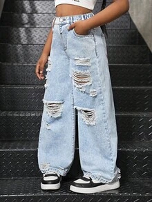 Sparklyn Tween Girls Y2K 休闲百搭破洞宽松阔腿牛仔裤，适合日常城市散步穿着 - 淺色水洗藍 - 查看 5